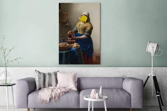 Traité du vieux maître Johannes Vermeer avec une goutte de peinture jaune 90x140 cm - Tirage photo sur toile (Décoration murale salon / chambre)