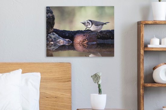 Canvas Schilderij Een Kuifmees zit op een boomstam - 40x30 cm - Wanddecoratie