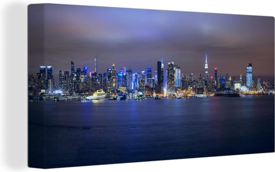 Canvas schilderij 160x80 cm - Wanddecoratie New York - Skyline - Nacht - Muurdecoratie woonkamer - Slaapkamer decoratie - Kamer accessoires - Schilderijen