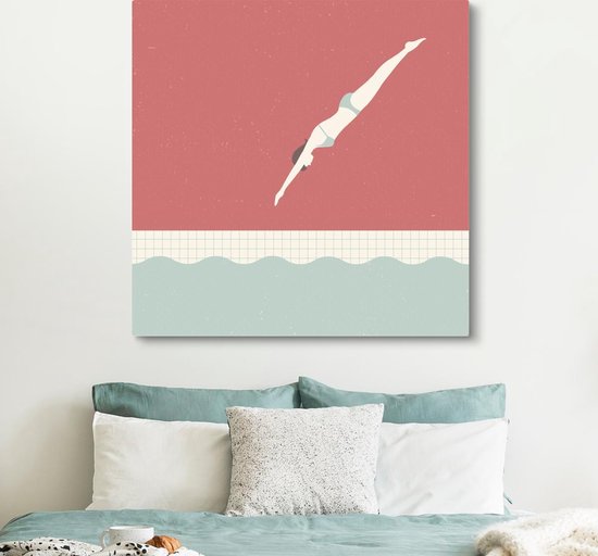 Une illustration d'une femme plongeant en nageant sur toile 160x120 cm - Tirage photo sur toile (Décoration murale salon / chambre) XXL / Groot format!