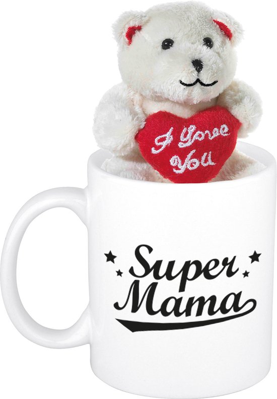 Mug blanc avec texte "Super Mama", avec ours en peluche beige tenant un cœur rouge.