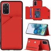 Voor Samsung Galaxy S20 + Skin Feel PU + TPU + PC Achterkant Schokbestendig hoesje met kaartsleuven & houder & fotolijst (rood)