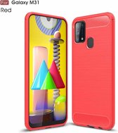 Voor Galaxy M31 geborstelde textuur koolstofvezel TPU-hoes (rood)