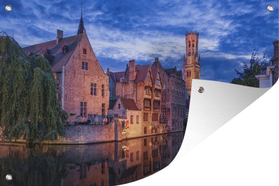Affiche de jardin - Toile de Posters de jardin de jardin à l'extérieur - Vue du Rozenhoedkaai sur le Beffroi de Bruges au crépuscule - 120x80 cm - Jardin