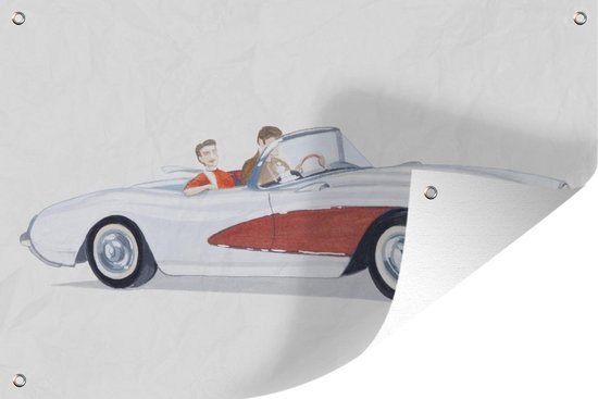 Tuindecoratie Illustratie van twee passagiers in een open Chevrolet Corvette sportauto uit de jaren '50 - 60x40 cm - Tuinposter - Tuindoek - Buitenposter