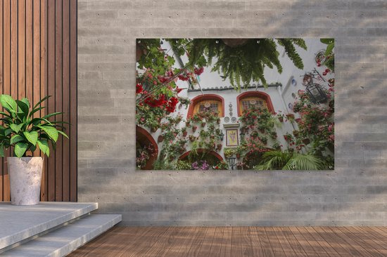 Belles fleurs sur le mur de Cordoba Garden poster 180x120 cm - Toile de jardin / Toile d'extérieur / Peintures d'extérieur (décoration de jardin) XXL / Groot format!