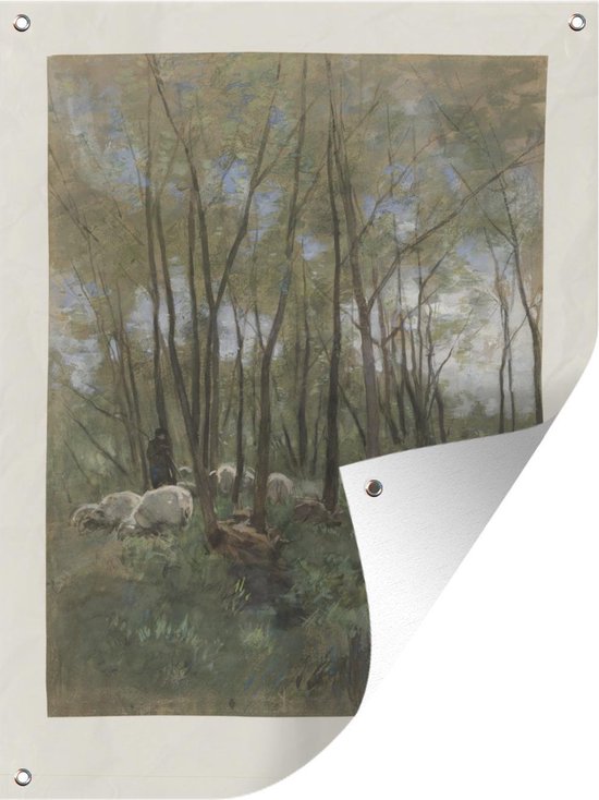 Tuinposter Anton Mauve - Schapenkudde in een bos - Schilderij van Anton Mauve Tuinposter