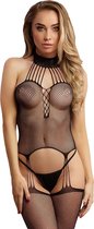 Le Desir – Jarretel Visnet Choker Bodystocking – Zwart