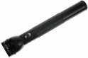 Zwarte Maglite zaklamp liggend op een witte achtergrond, met geribbelde grip.