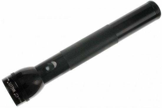 Zwarte Maglite zaklamp liggend op een witte achtergrond, met geribbelde grip.