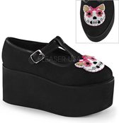 Click-04-1 Platform with T-strap and kitty felt and satin bow black suede - (EU 40 = US 10) - Demonia