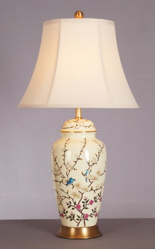 Fine Asianliving Chinese Tafellamp Porselein Creme met Bloementakken
