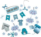 Geboortemix blauw met wolkjes, wit huisje en linten