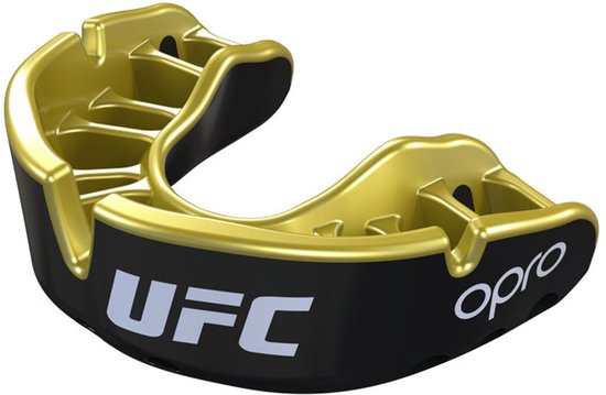Zwarte en gouden UFC gebitsbeschermer, met 'opro' logo.