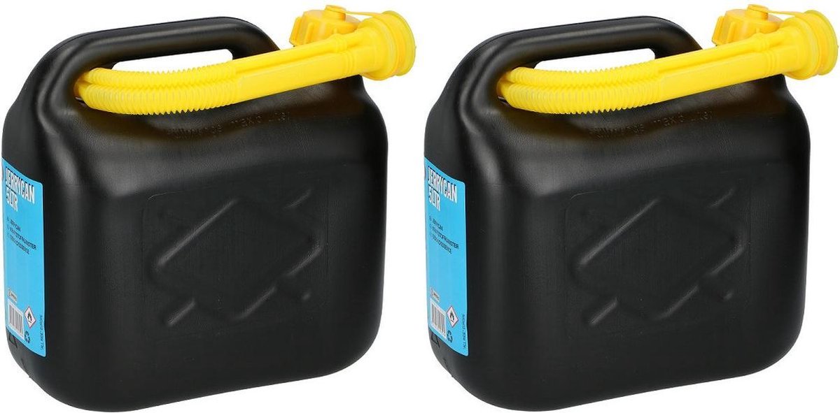 2x stuks jerrycans / benzinetanks 20 liter zwart met trechter - Voor diesel en benzine - Brandstof jerrycans/benzinetanks - Merkloos