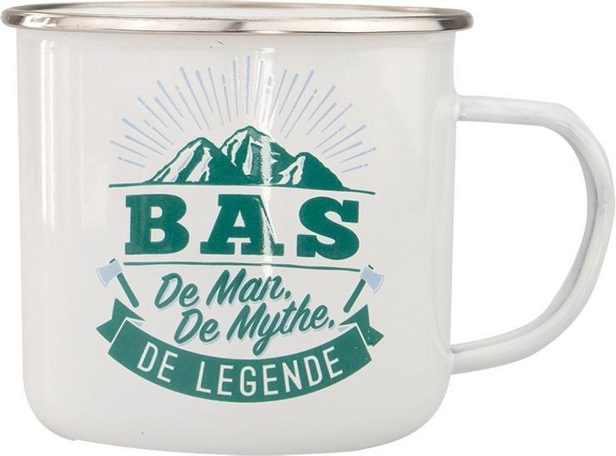 Mok - Top vent - Bas - Geëmailleerd - Gevuld met een verpakte toffeemix - In cadeauverpakking