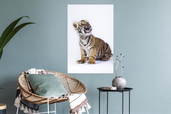Sticker Muursticker Tigre sur fond blanc - Tigre avec gueule ouverte sur fond blanc - 40x60 cm - Film adhésif autocollant - Sticker mural repositionnable