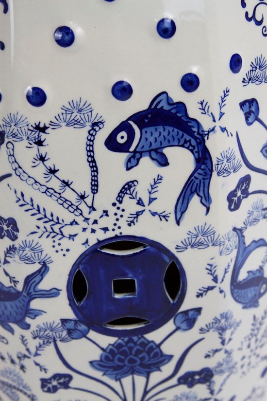 Tabouret Céramique Chinois Poissons Koi Bleu Blanc - Diamètre 33 Cm, Hauteur 46 Cm, Fait Main, Pour Jardin Ou Intérieur