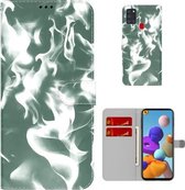 Voor Samsung Galaxy A21s Cloud Fog Pattern Horizontal Flip Leather Case met Houder & Card Slot & Wallet (Donkergroen)