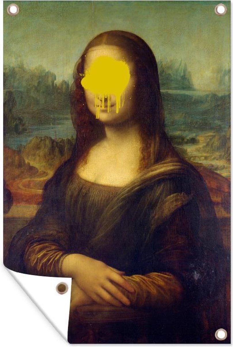 Tuindecoratie Mona Lisa - Leonardo da Vinci - Geel - 40x60 cm - Tuinposter - Tuindoek - Buitenposter - GreatGardenPosters