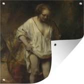 Tuinposters Badende vrouw - Schilderij van Rembrandt van Rijn - 50x50 cm - Tuindoek - Buitenposter