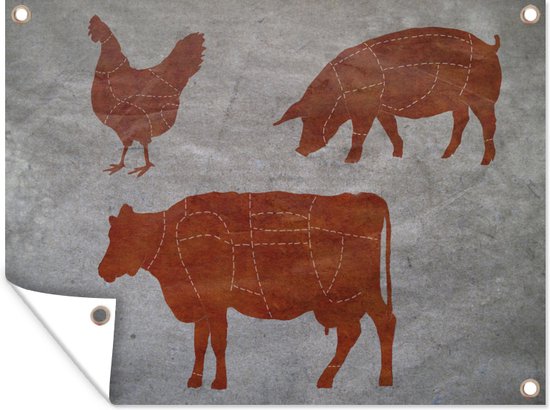 Tuinschilderij Slagersdiagram van een kip, een varken en een koe - 80x60 cm - Tuinposter - Tuindoek - Buitenposter