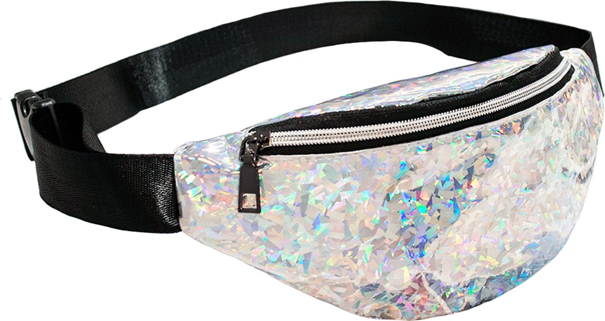 KIMU® Heuptasje Zilver Holografisch Iridescent Glitter - Heuptas Klein Fanny Pack Pvc Zilveren Tas Regenboog Tasje Glitter Metallic Festival