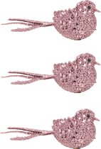 6x stuks decoratie vogels op clip glitter roze 12 cm - Decoratievogeltjes/kerstboomversiering/bruiloftversiering
