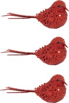 6x stuks decoratie vogels op clip glitter rood 12 cm - Decoratievogeltjes/kerstboomversiering/bruiloftversiering