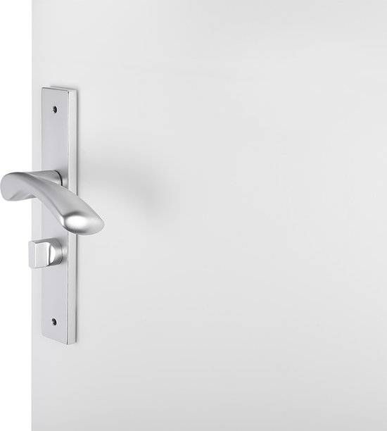 Zilverkleurige deurklink met vierkant deurschild op een witte deur.