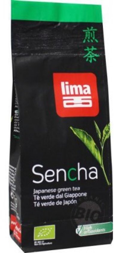 Lima Sencha Japanse groene thee verpakking, zwart met rode logo en groene tekst 'Sencha'.