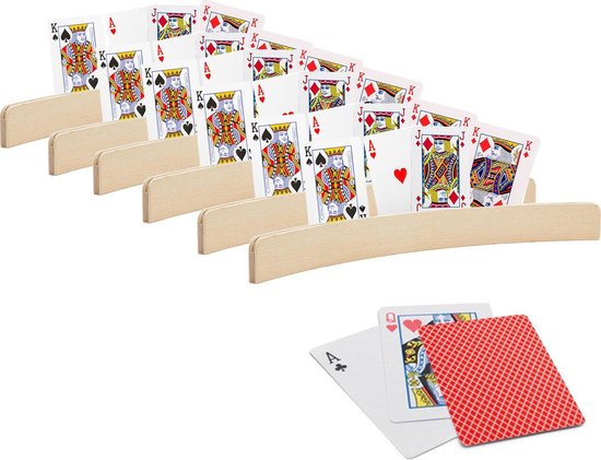 Afbeelding van het spel 6x stuks Speelkaarthouders - inclusief 54 speelkaarten rood geruit - hout - 35 cm - kaarthouders