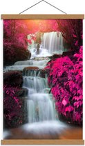 Schoolplaat – Waterval tussen Roze Bloemen door - 40x60cm Foto op Textielposter (Wanddecoratie op Schoolplaat)