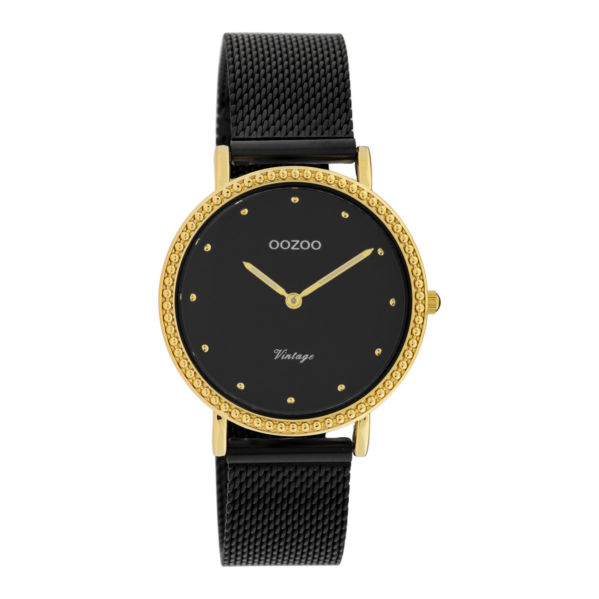 OOZOO Vintage series - goudkleurige horloge met zwarte metalen mesh armband - C20058 - Ø34