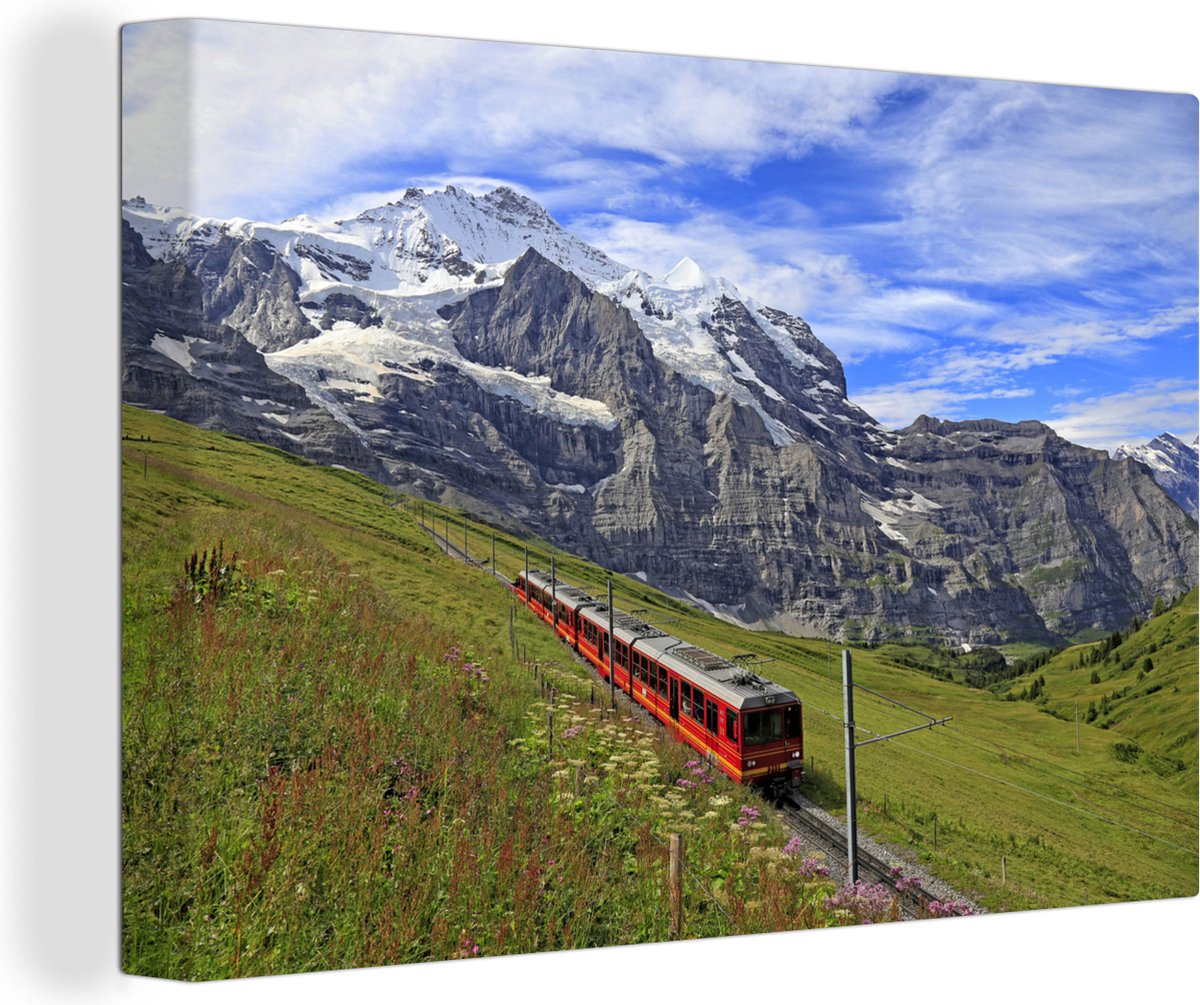 Canvas schilderij 180x120 cm - Wanddecoratie Trein rijd over Jungfraujoch - Muurdecoratie woonkamer - Slaapkamer decoratie - Kamer accessoires - Schilderijen op Prijzenvolger.com