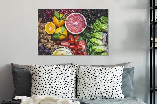 Divers fruits étalés sur une toile de table 2cm 60x40 cm - Tirage photo sur toile (Décoration murale salon / chambre)