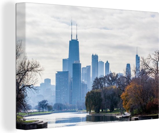 Canvas Schilderij Skyline van Chicago met de Willis Tower in de mist in de herfst - Wanddecoratie