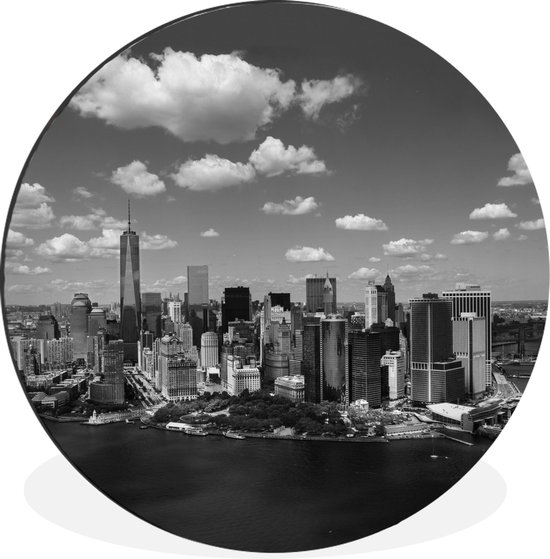 WallCircle - Wandcirkel - Muurcirkel - Manhattan skyline-zwart-wit - Aluminium - Dibond - ⌀ 90 cm - Binnen en Buiten