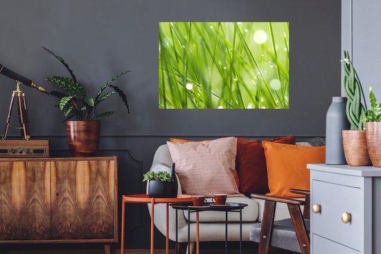 Sticker Muursticker Rosée précoce - Rosée précoce sur brins d'herbe - 90x60 cm - film adhésif autocollant - sticker mural repositionnable