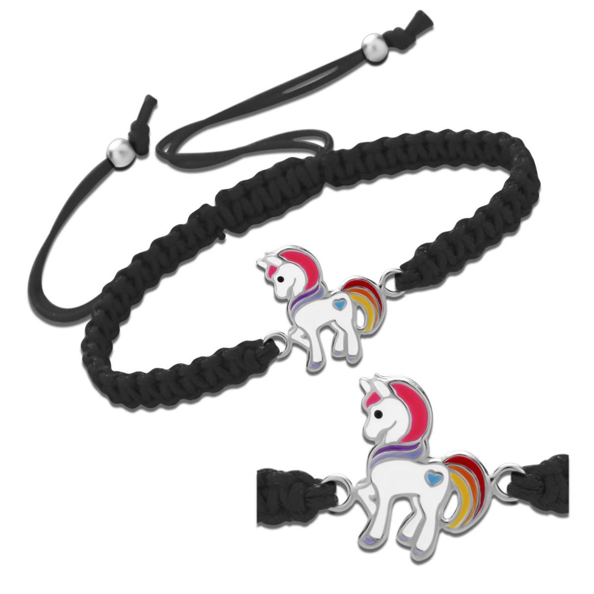 Armband meisje | Eenhoorn armband | Katoenen armbandje, zilveren eenhoorn met roze manen