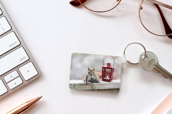 Porte-clés Écureuils en hiver - Un écureuil à la recherche de noix en hiver porte-clés en plastique - porte-clés rectangulaire avec photo