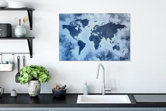 Wereldkaart avec peinture bleue et bleu foncé sur fond avec motif texturé 60x40 cm