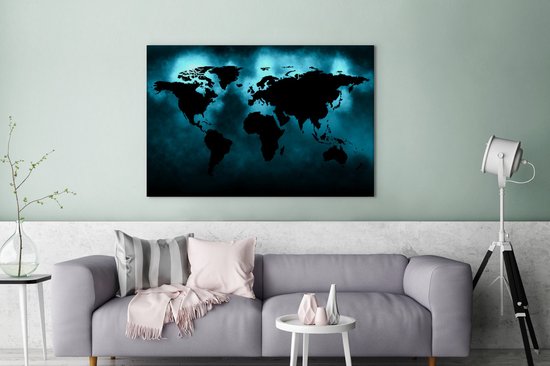 Carte du monde noire sur fond sombre en bleu 120x80 cm