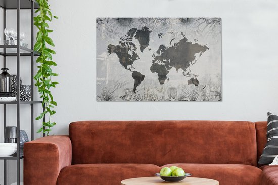 Wereldkaart avec motif béton gris foncé décorée d'illustrations de fleurs 140x90 cm