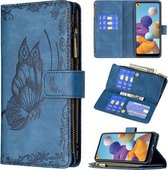 Voor Samsung Galaxy A21 Flying Butterfly Embossing Pattern Rits Horizontale Flip Leather Case met houder & kaartsleuven & portemonnee (blauw)