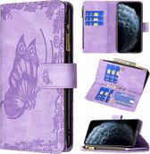 Voor iPhone 11 Pro Max Flying Butterfly Embossing Pattern Rits Horizontale Flip Leather Case met houder & kaartsleuven & portemonnee (paars)