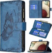 Voor Samsung Galaxy A12 Flying Butterfly Embossing Pattern Rits Horizontale Flip Leather Case met houder & kaartsleuven & portemonnee (blauw)