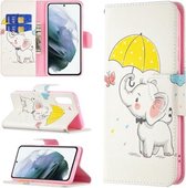 Voor Samsung Galaxy S21 FE Gekleurde Tekening Patroon Horizontale Flip Leren Case met Houder & Kaartsleuven & Portemonnee (Paraplu Olifant)