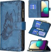 Voor Samsung Galaxy A02 Flying Butterfly Embossing Pattern Rits Horizontale Flip Leather Case met houder & kaartsleuven & portemonnee (blauw)