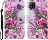 Voor Samsung Galaxy A22 4G Gekleurde Tekening Patroon Horizontale Flip PU Lederen Case met Houder & Kaartsleuven & Portemonnee & Lanyard (Rose Vlinder)